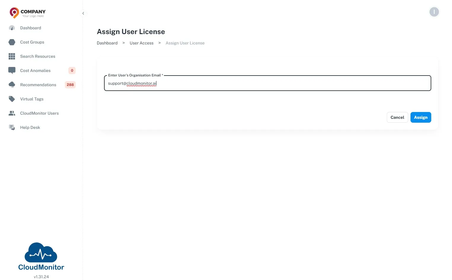 Click the "Enter User's Organisation Email *" field and enter the email address of the user which needs to be added
