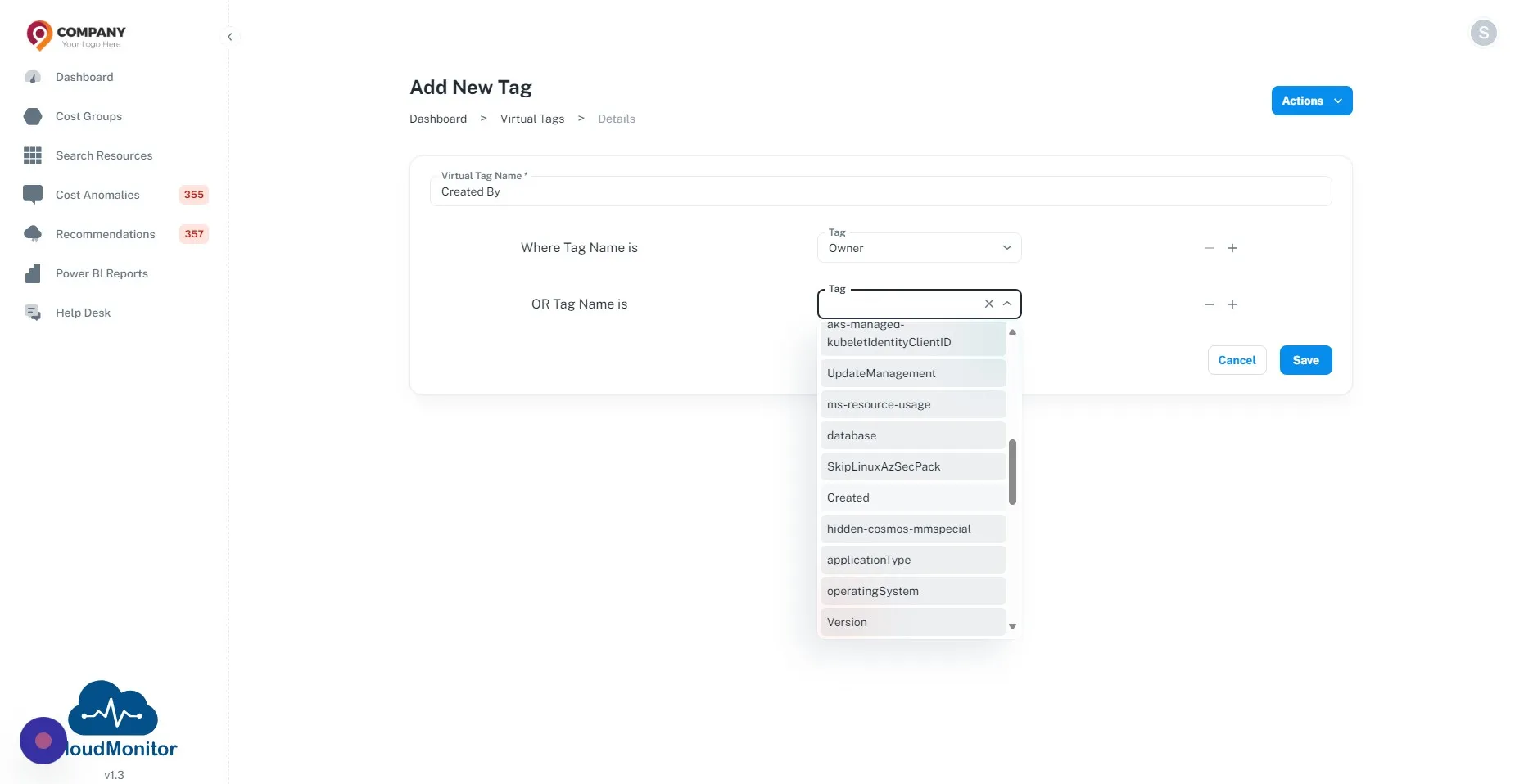 Select tags to normalize from the dropdown