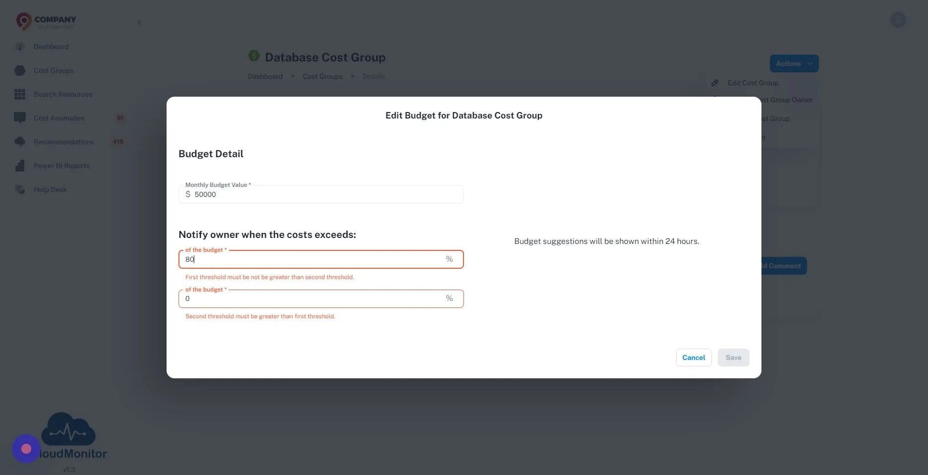 Add threshold values need to be notified to the cost group owner
