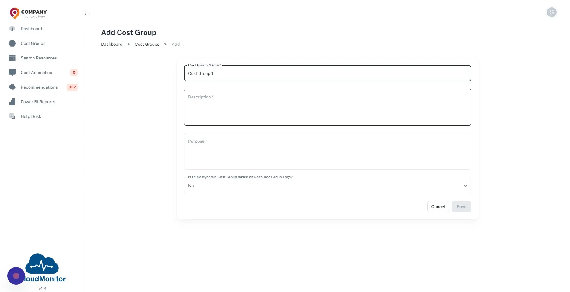 Enter Cost Group name, Description and Purpose