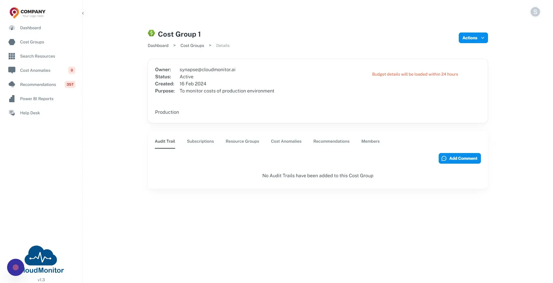 Cost group confirmation screen after saving tag selection