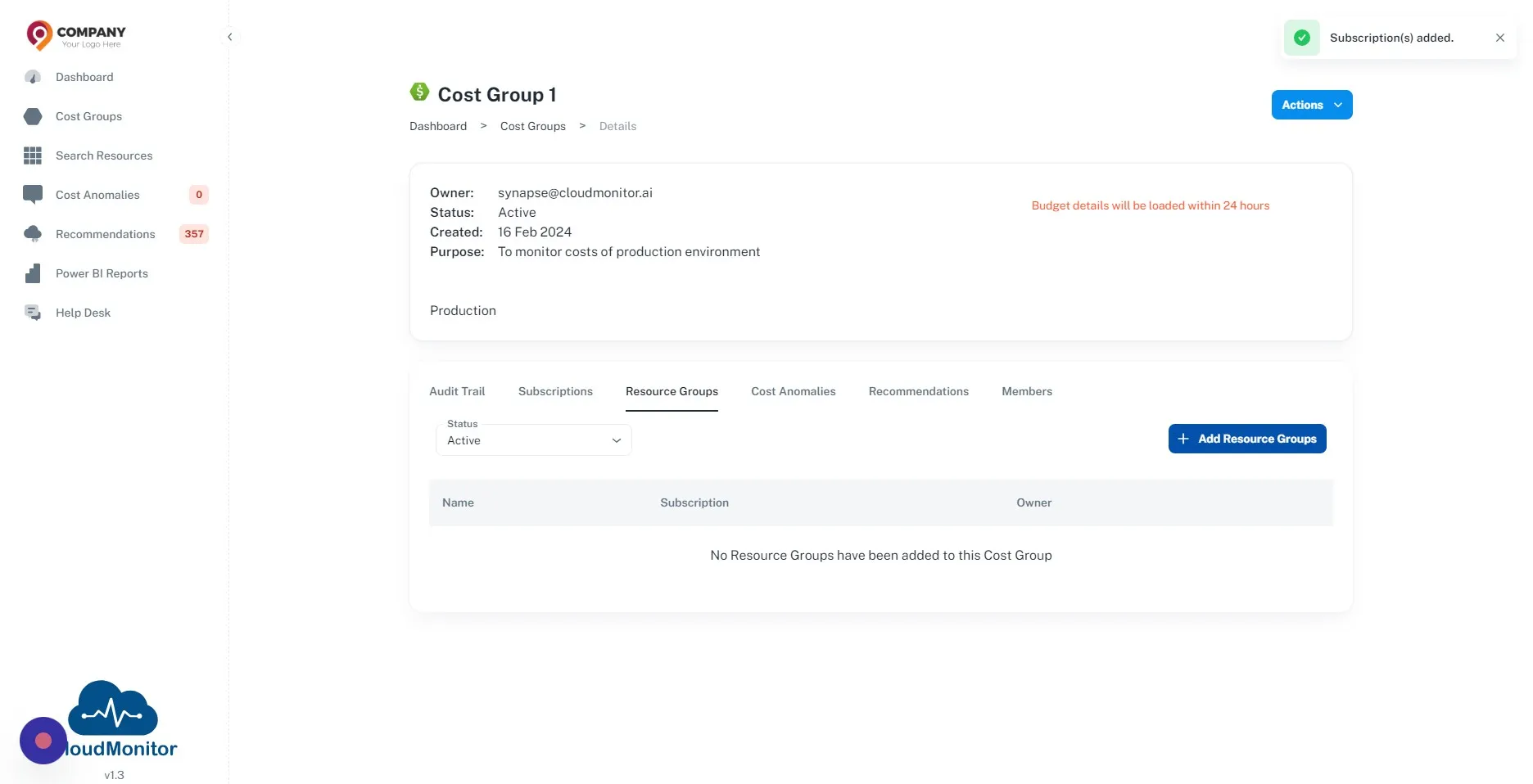 Same procedure can be used to add Resource Groups to the Cost Group by clicking "Add Resource Group" button
