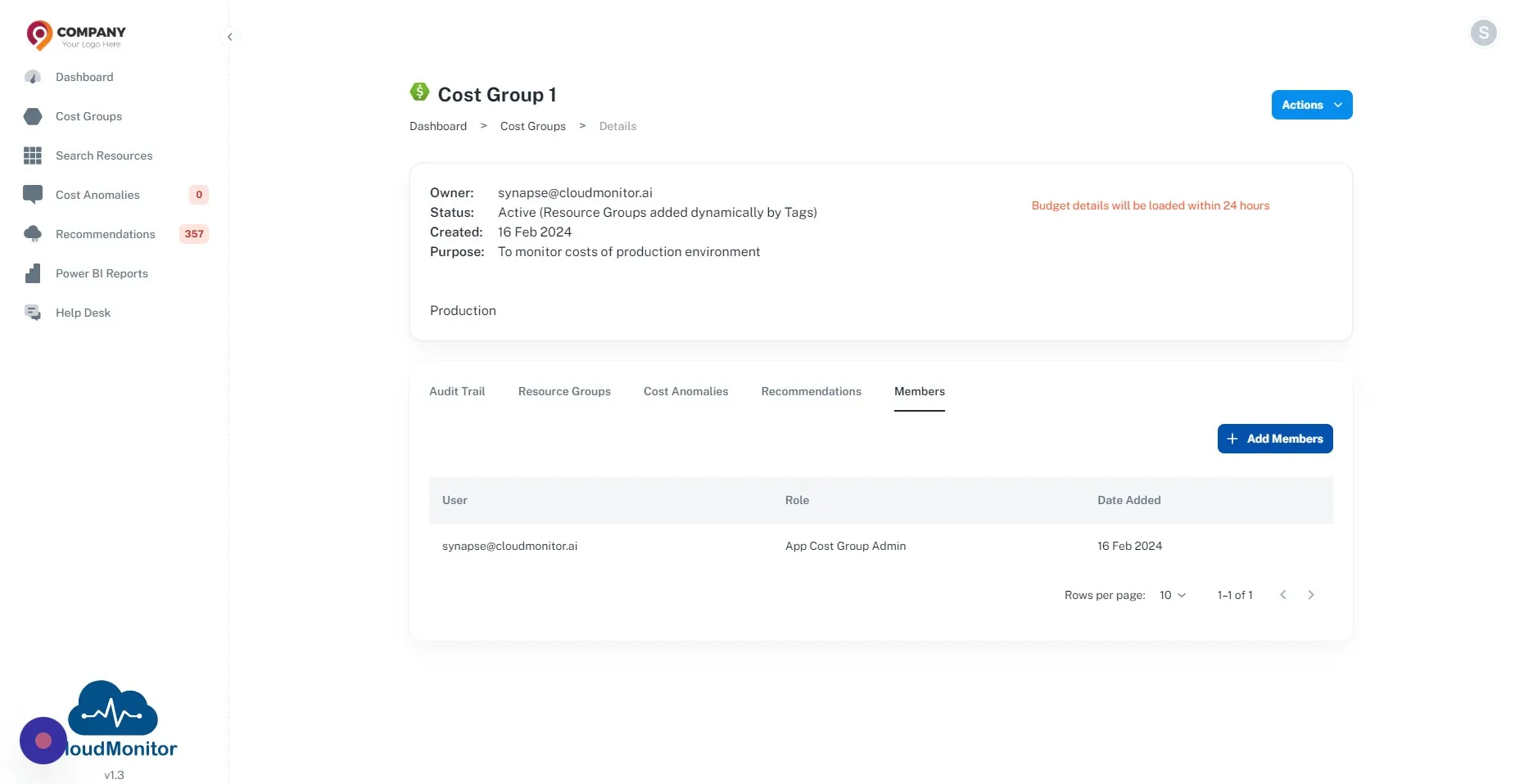 Members of the Cost Group can be added by clicking on "Members" tab and Click "Add Members" button
