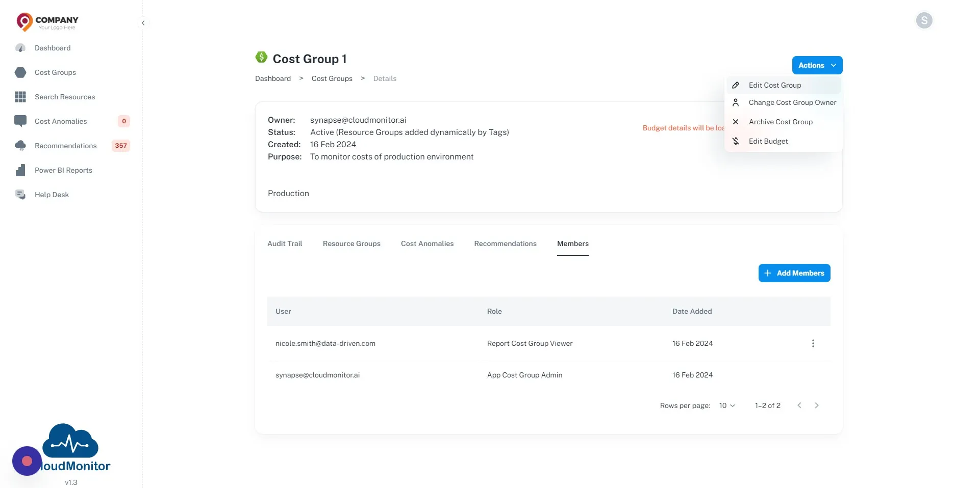 Any configuration of the cost group can be edited by clicking this button