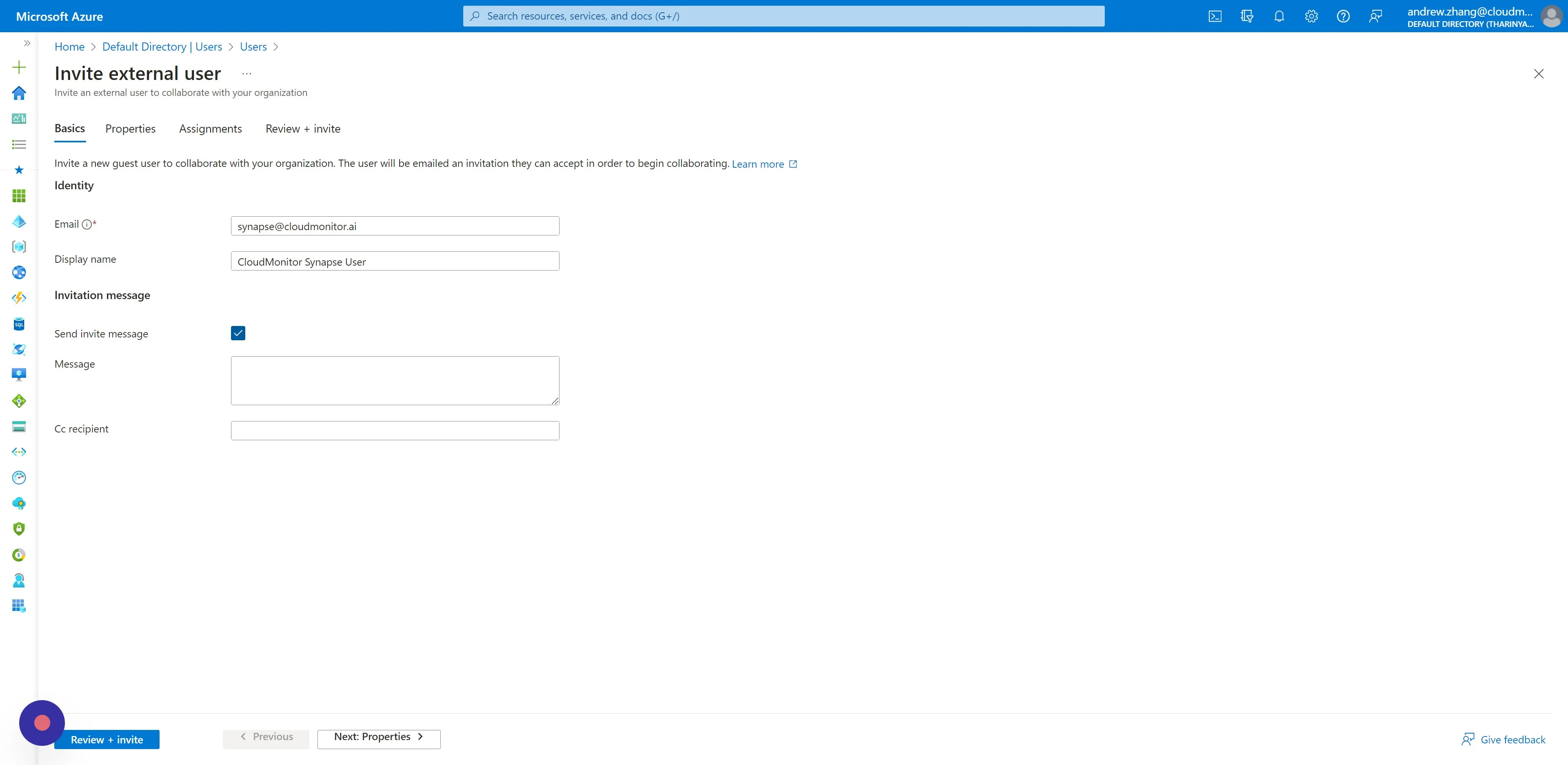 Enter synapse@cloudmonitor.ai as the email address. 2. Enter "CloudMonitor Synapse User" as the Display name. 3