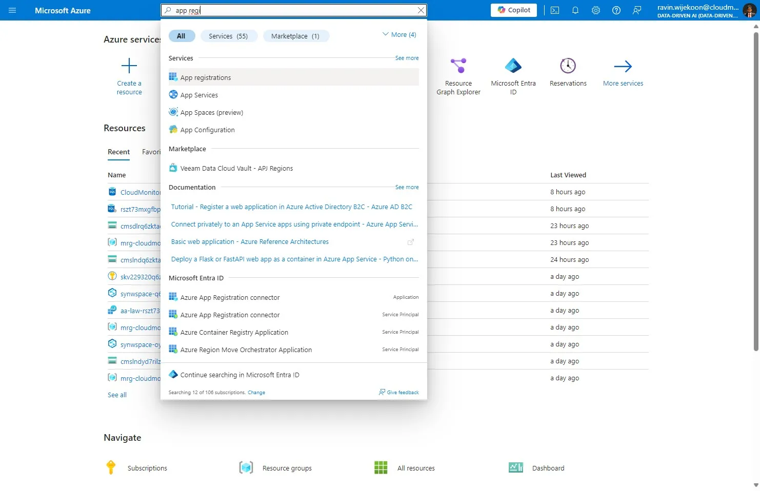 Login to the Customer's tenant with admin account and Search for "App Registrations"