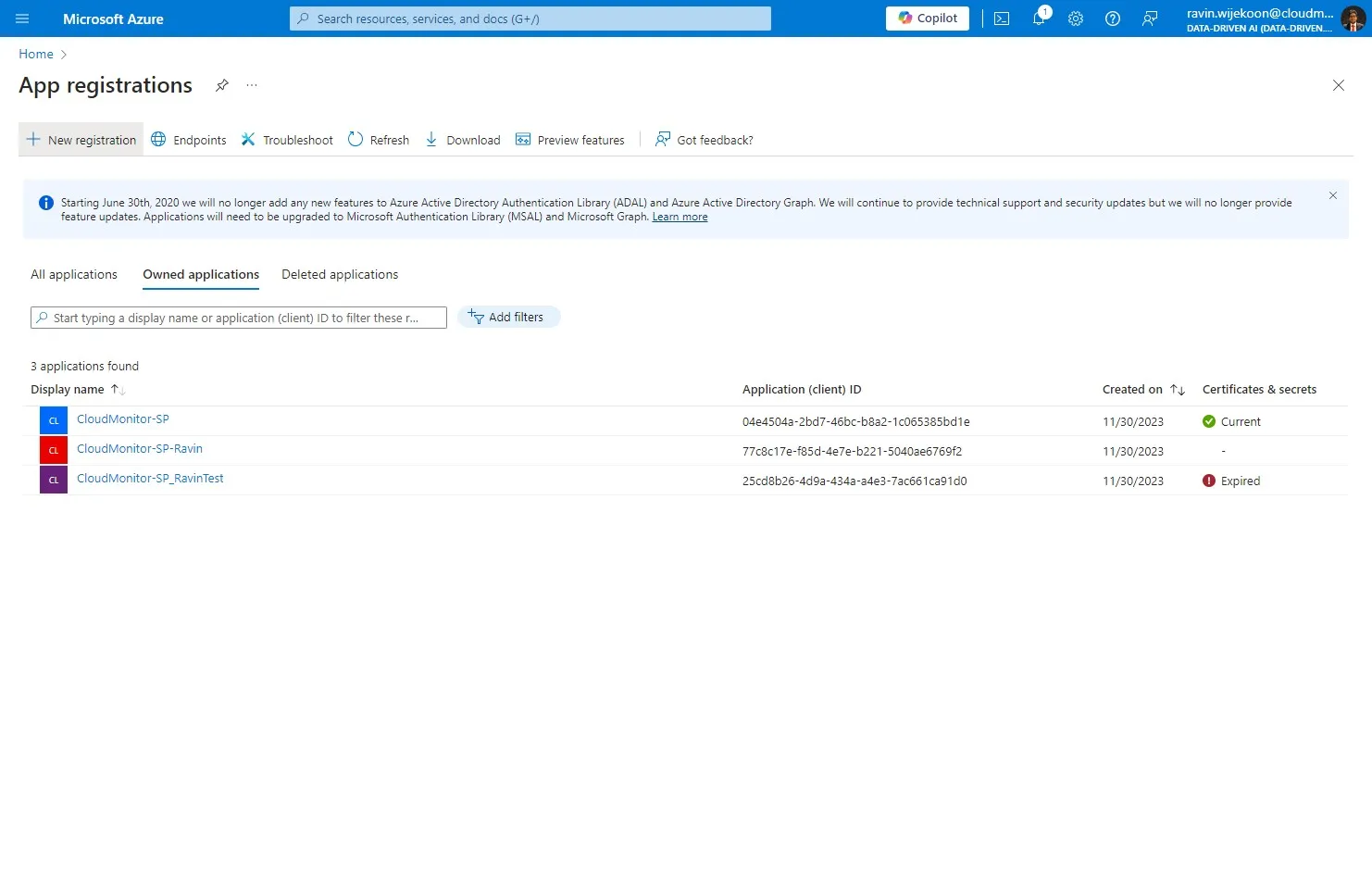 "New registration" button in the App Registrations panel