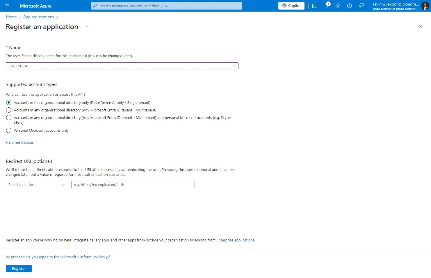 Click "Accounts in this organizational directory only (Data-Driven AI only - Single tenant)"