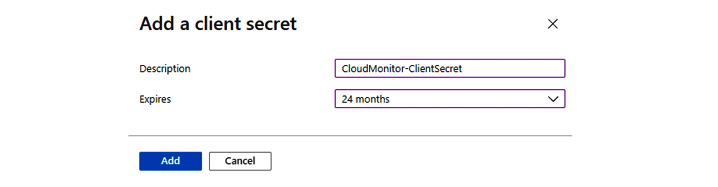 Add a client secret form with Description CloudMonitor-ClientSecret and Expires set to 24 months