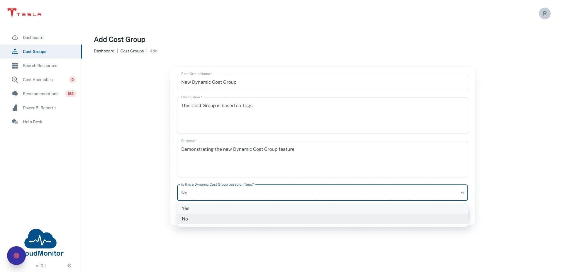 Change "Is this a Dynamic Cost Group based on Tags" to Yes