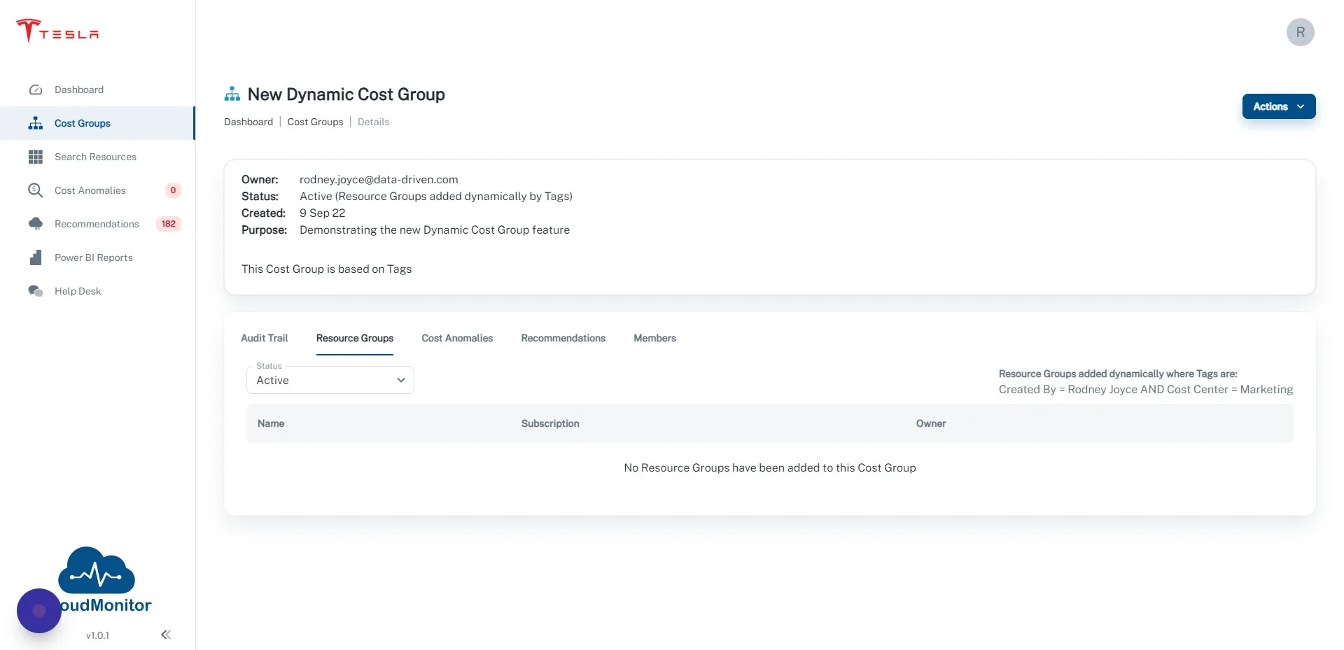 After 8 hours all Resource Groups that match these tags will show up here. Refresh the Power BI Report to show the new Cost Group