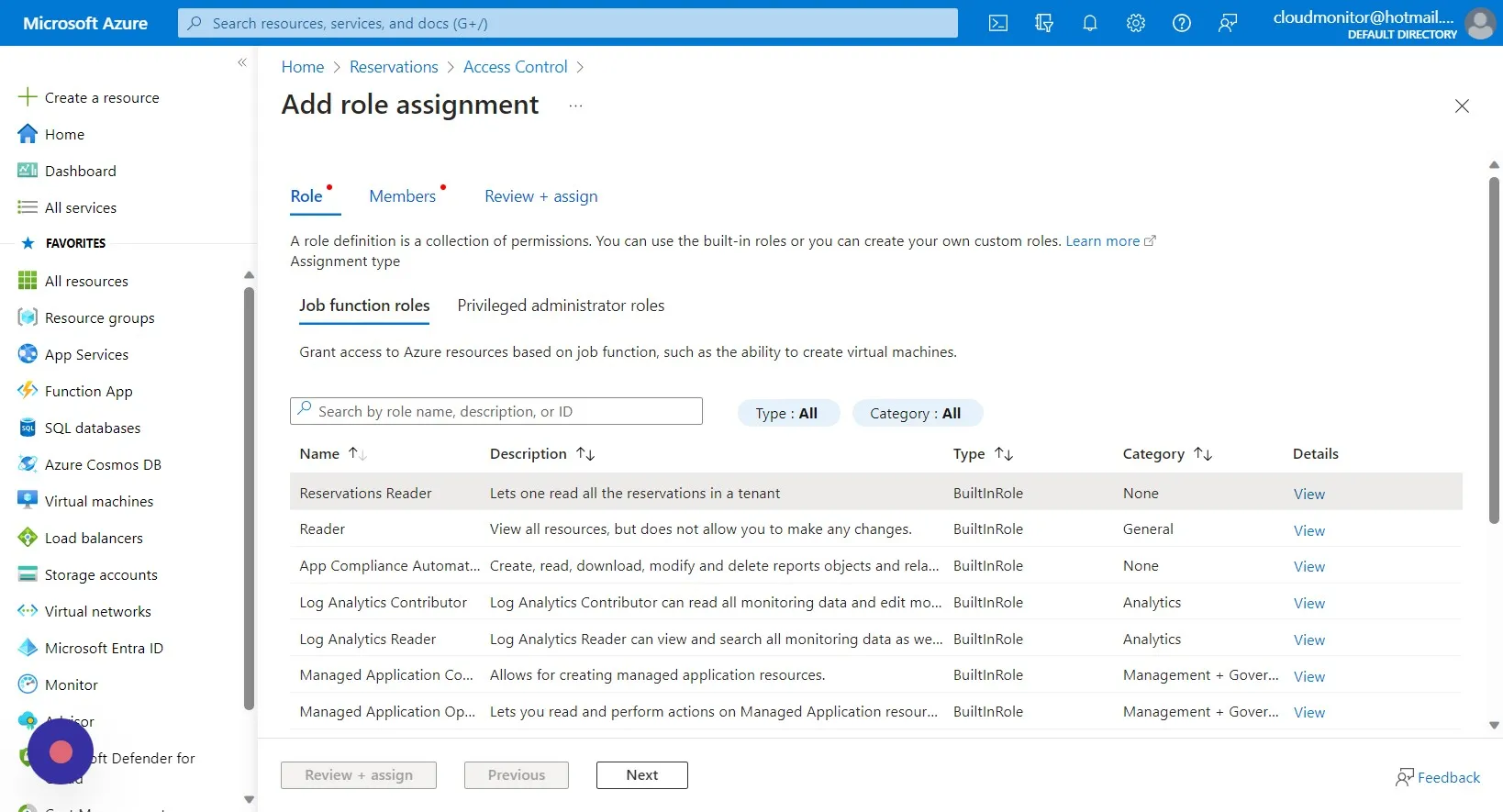 Select the "Reservations Reader" role and click on "Next" (This role cannot write or change any information)