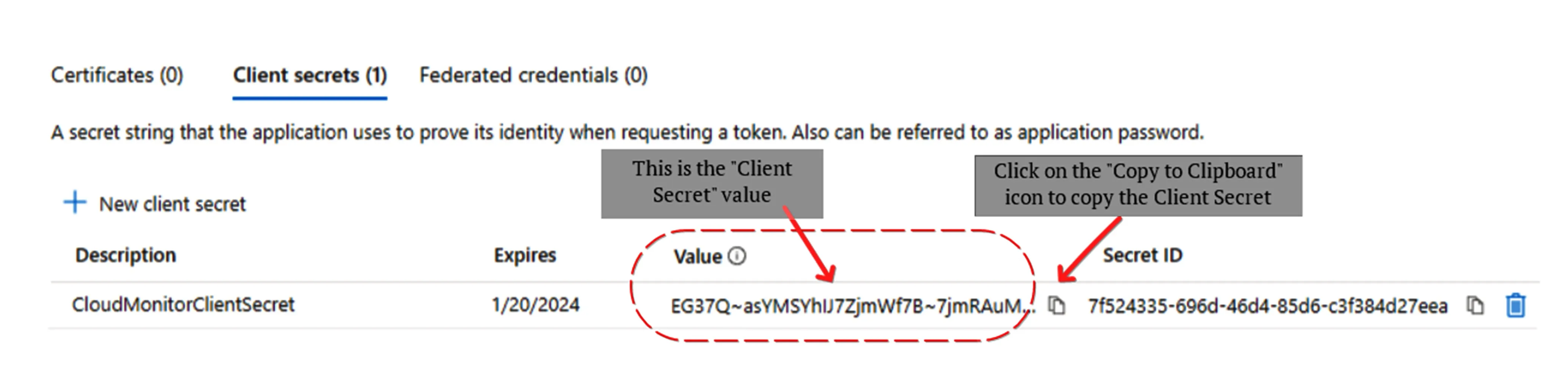 New client secret entry in the list with the copy-to-clipboard icon next to the Value column