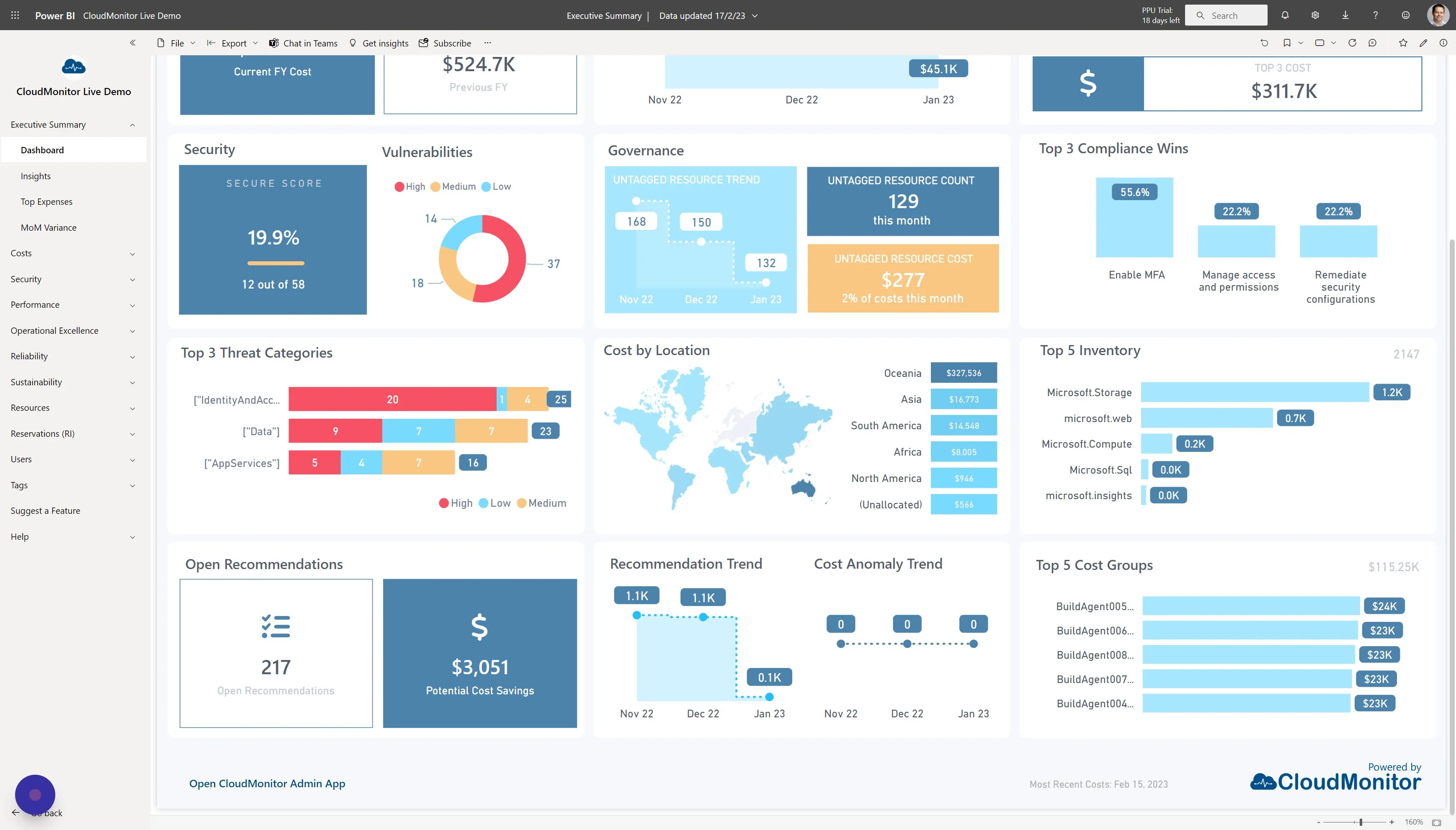 At the bottom of the Executive Summary Dashboard you can see the date of the most recent cost records and when it was last refreshed