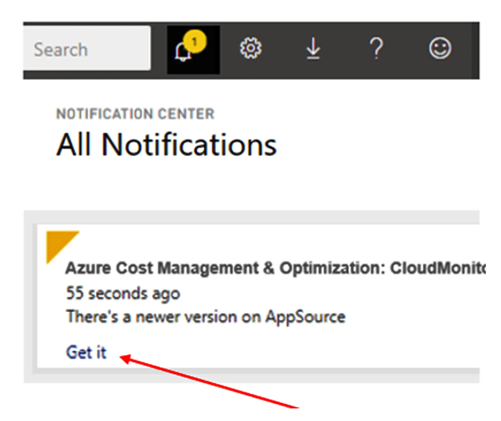 Power BI notification center showing the CloudMonitor app update with the "Get it" button