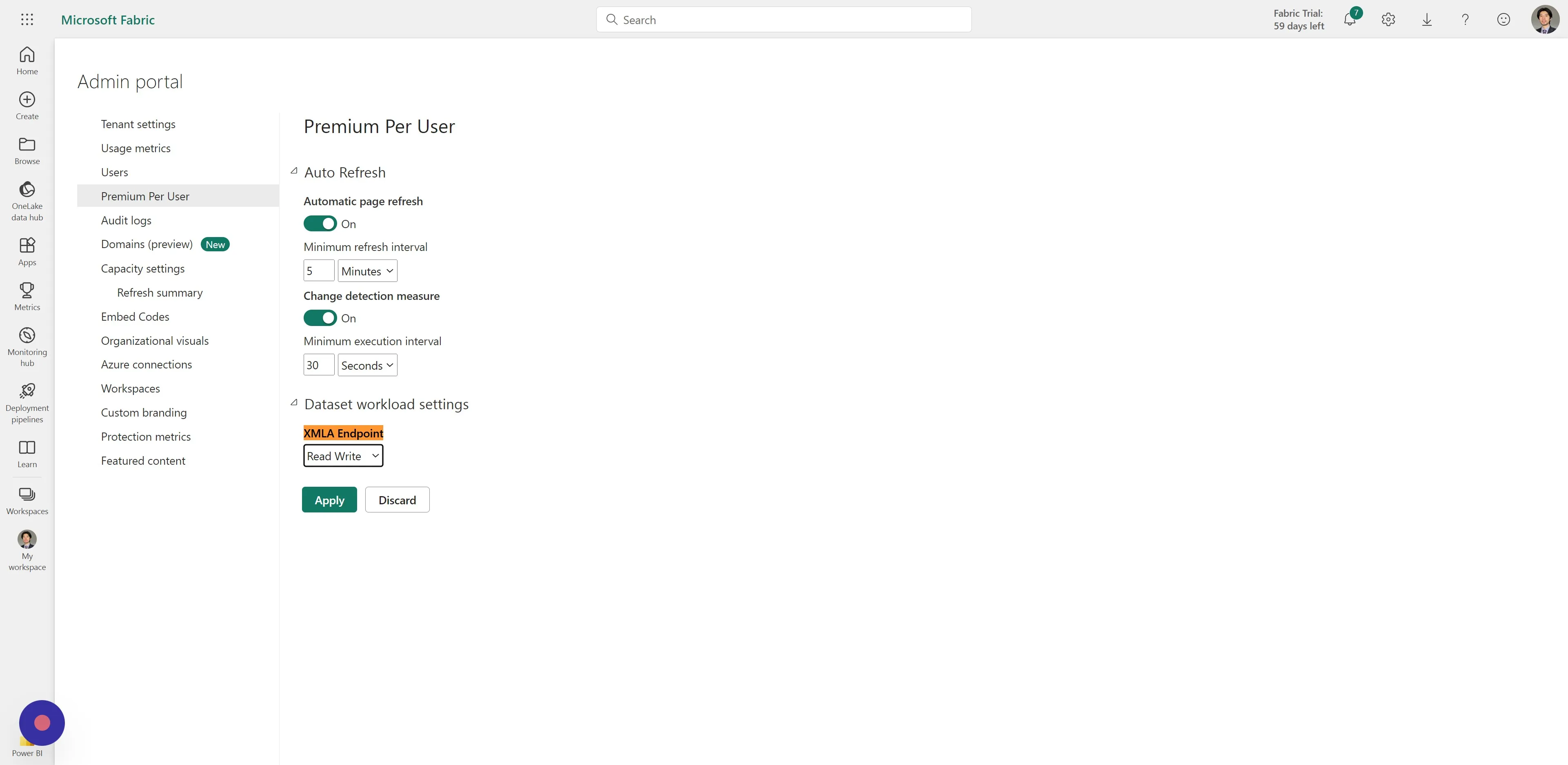 Select Settings > Admin portal. 2. In the Admin portal, select Premium Per User. 3. Expand Dataset workload settings