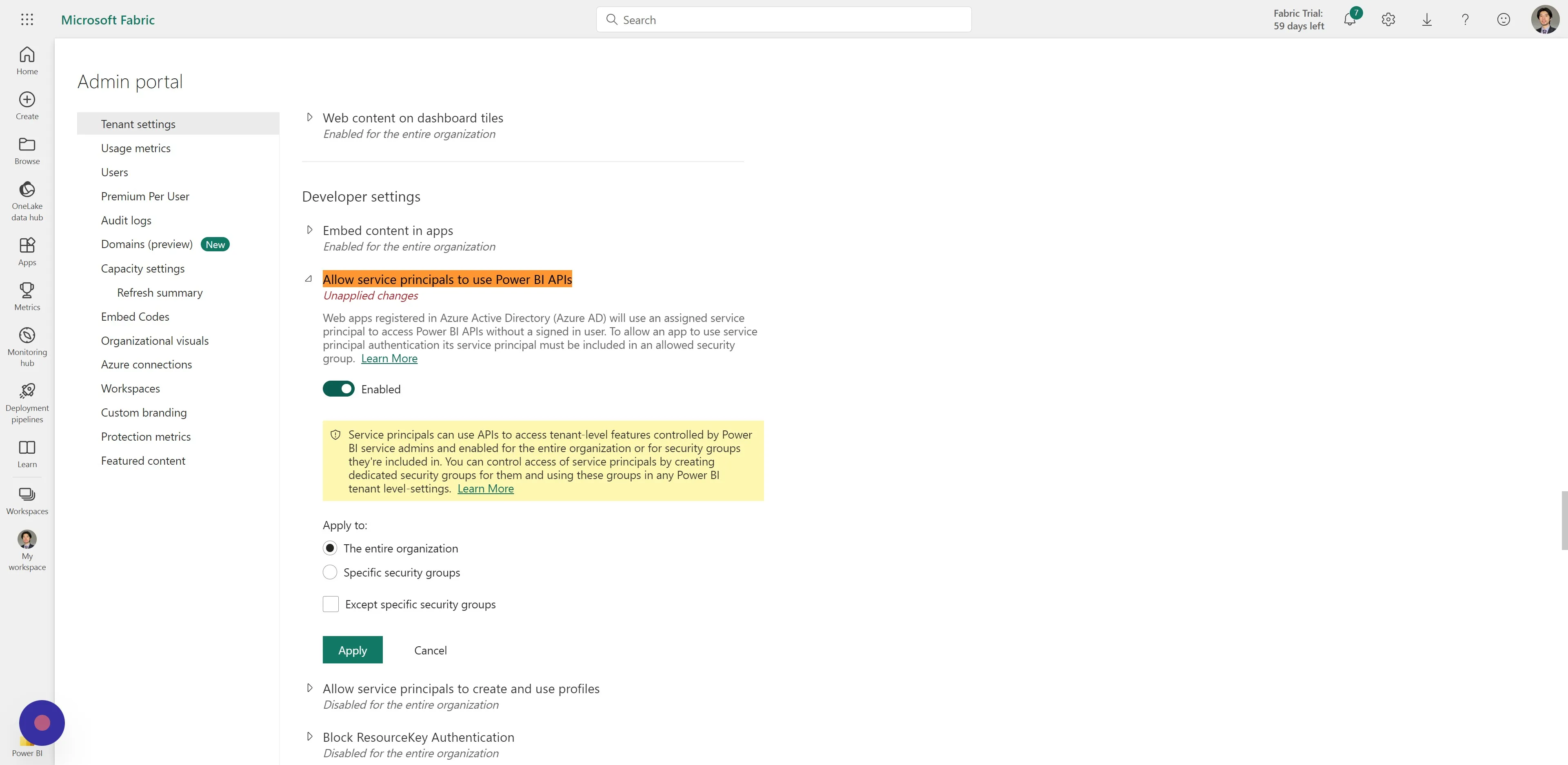 Select Settings > Admin portal > Tenant Settings > Developer settings 2. Enable 'Allow service principals to use Power BI APIs'