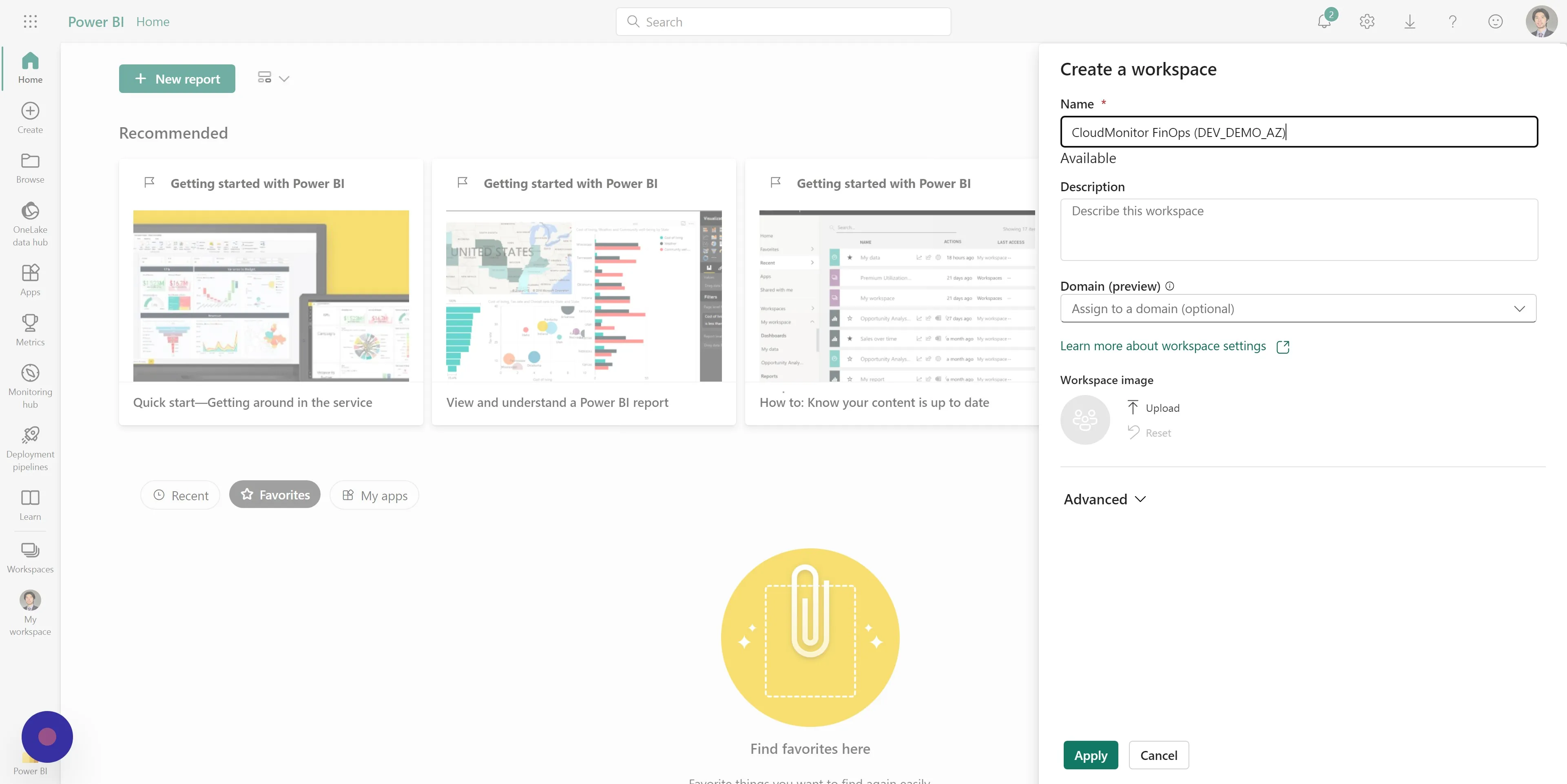 We suggest naming the workspace as "CloudMonitor FinOps" however you are free to choose any name that best suits your preference