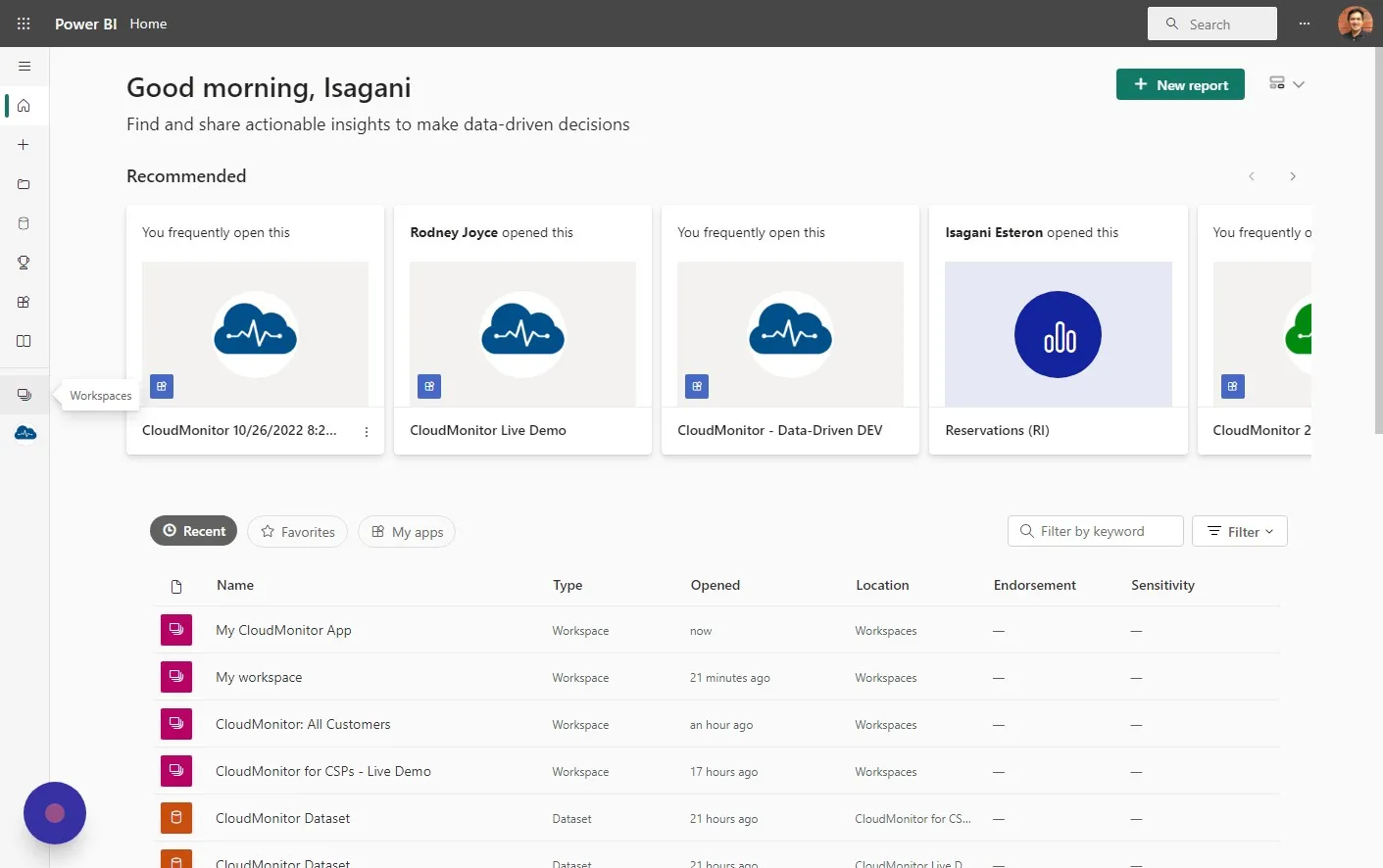 In Power BI click on "Workspaces" on the left menu to open your CloudMonitor workspace