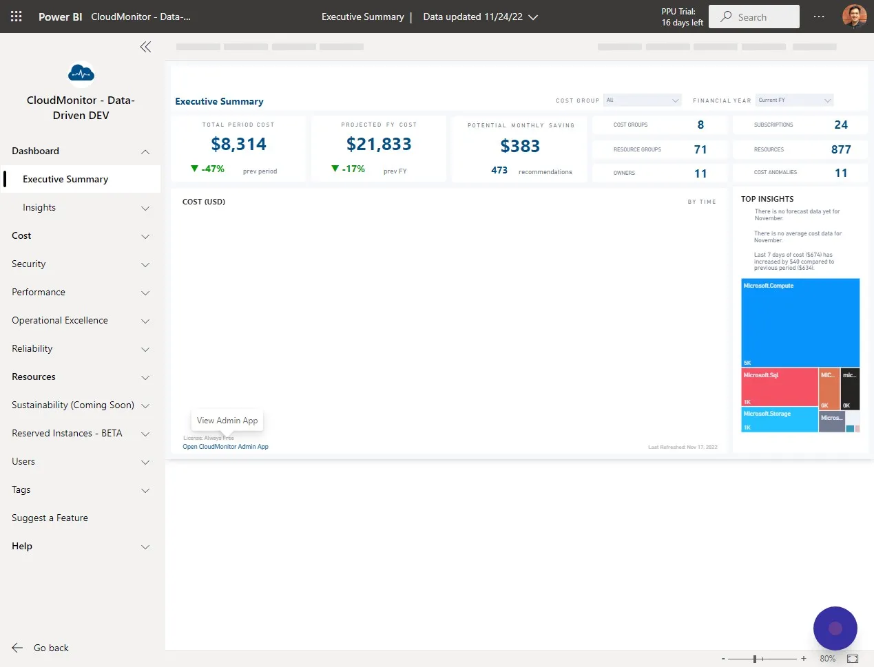 Click "Open CloudMonitor Admin App" in your CloudMonitor Power BI App