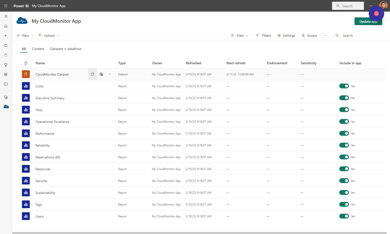 Head back to the workspace of your CloudMonitor Power Bi App and click the "refresh" icon next to your CloudMonitor Dataset