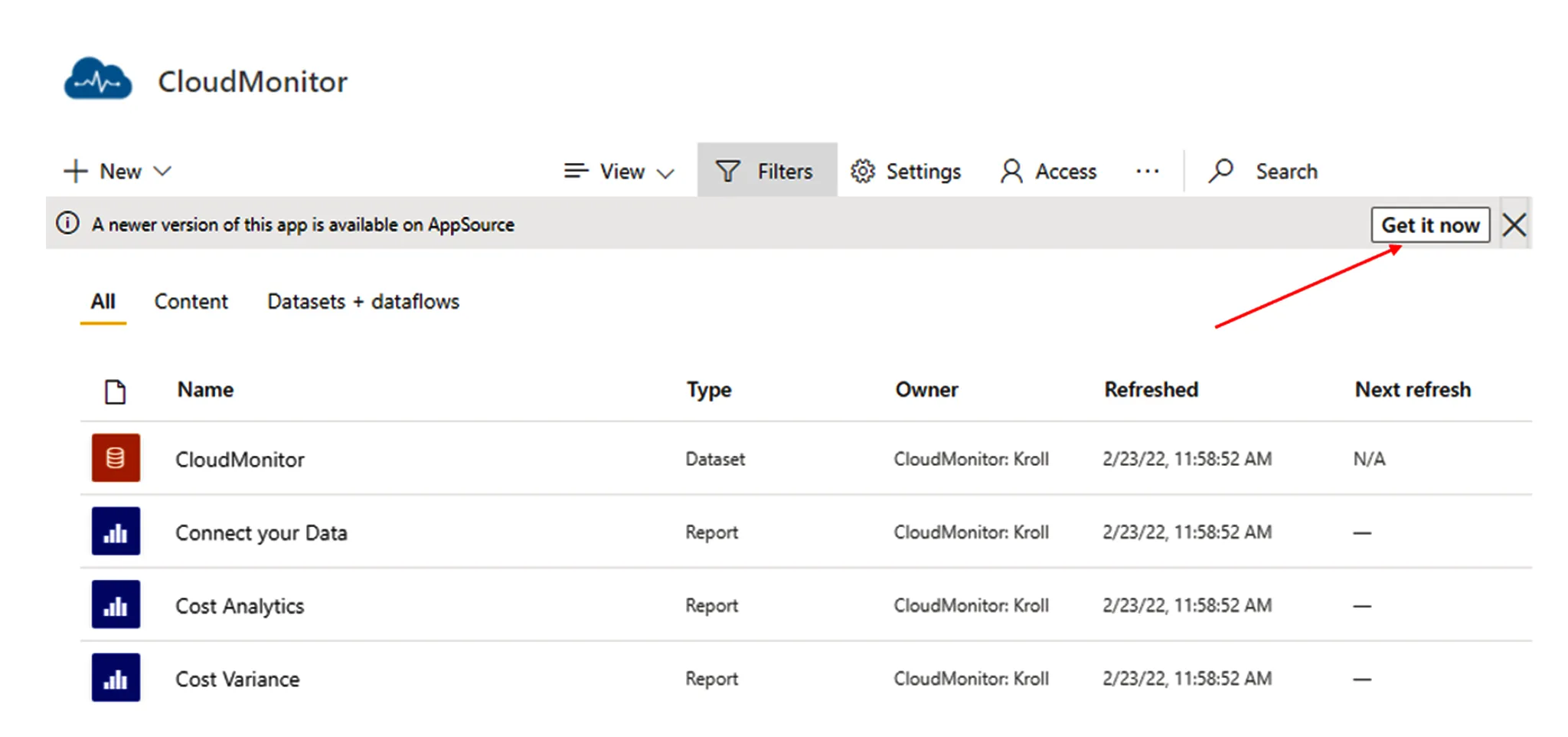 Power BI workspace banner with "Get it now" link offering the new CloudMonitor app version