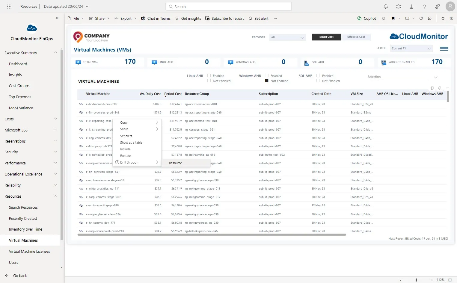 Users can drill through each VM and investigate further on costs of that resource
