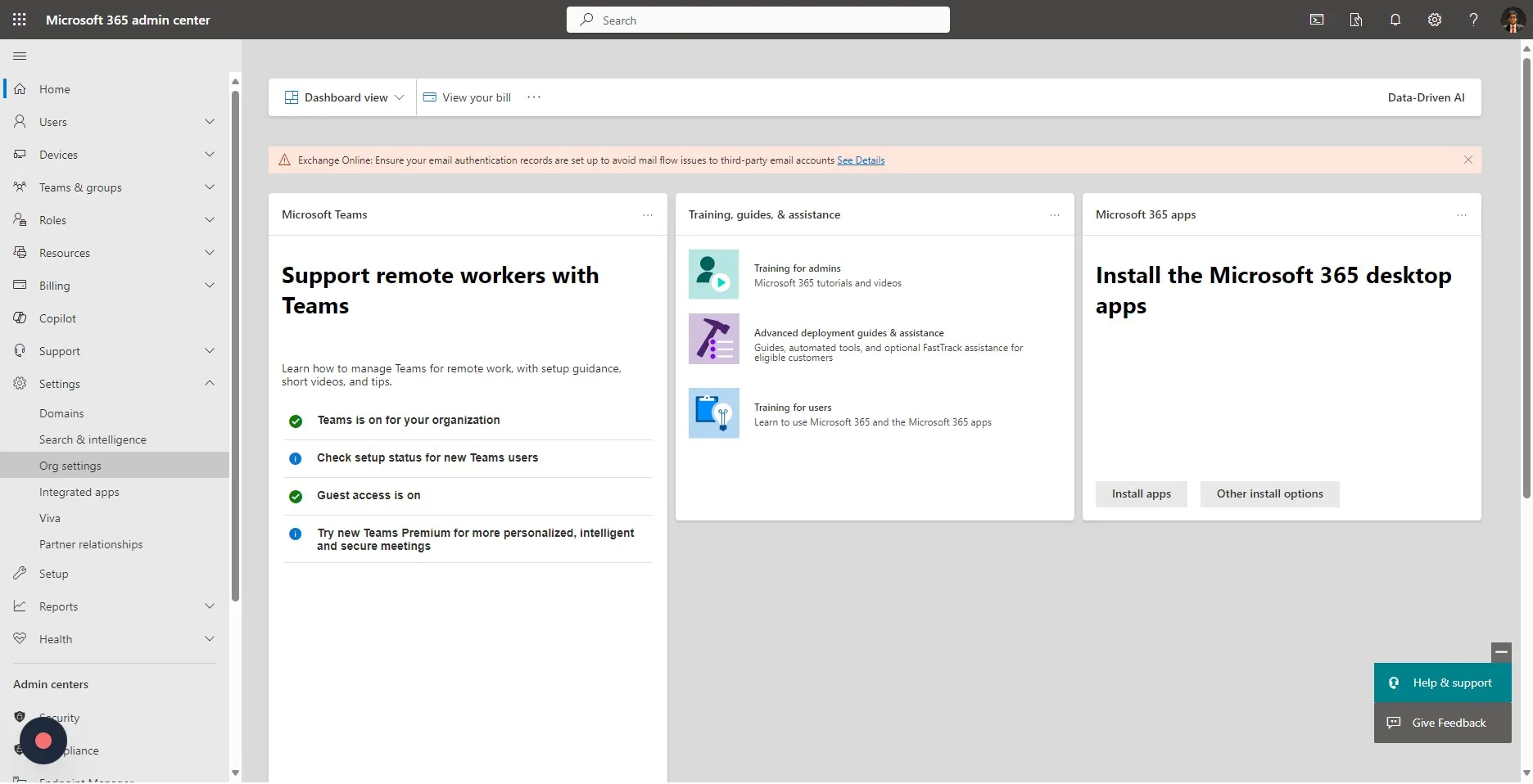 Next, Navigate to admin.microsoft.com And click "Org settings" under "Settings"