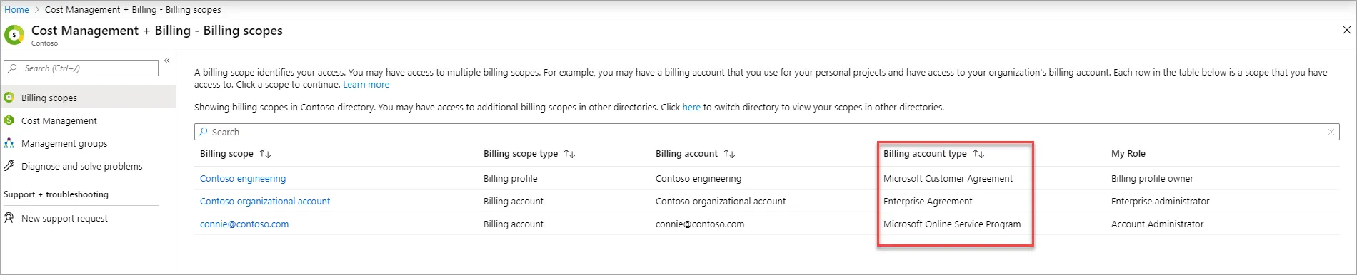 Azure portal Cost Management + Billing page showing how to identify your billing account type