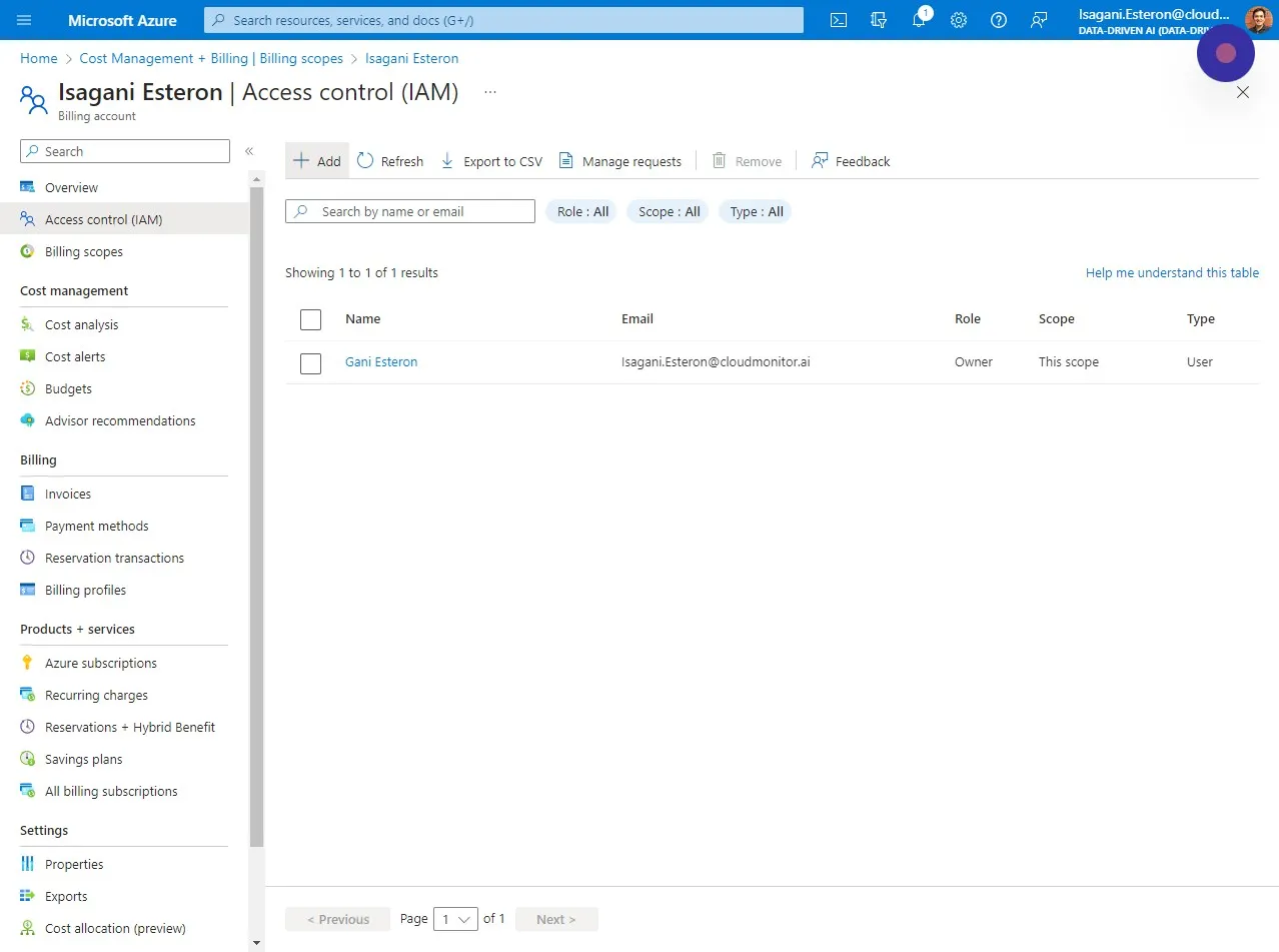 Click "Access control (IAM)" and click " + Add"