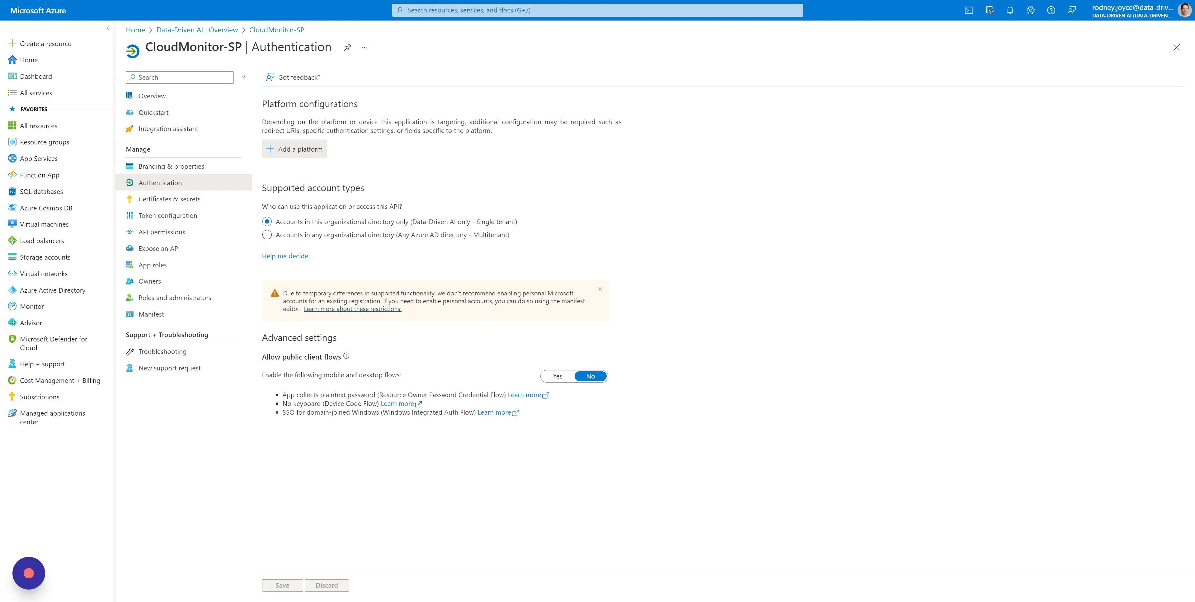 Once you have the Service Principal open, select "Authentication" in the left menu and click on "Add a platform" and choose "Single-page…