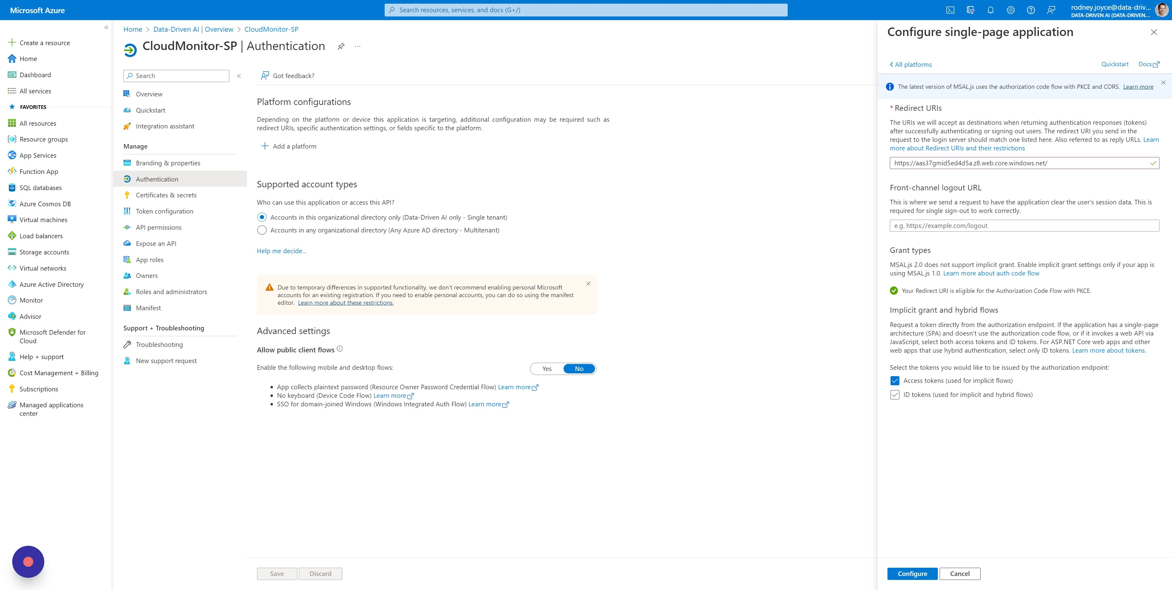 Check both checkboxes for Access Tokens and ID Tokens and ensure that the "Supported account types" option is set to Single Tenant only and…