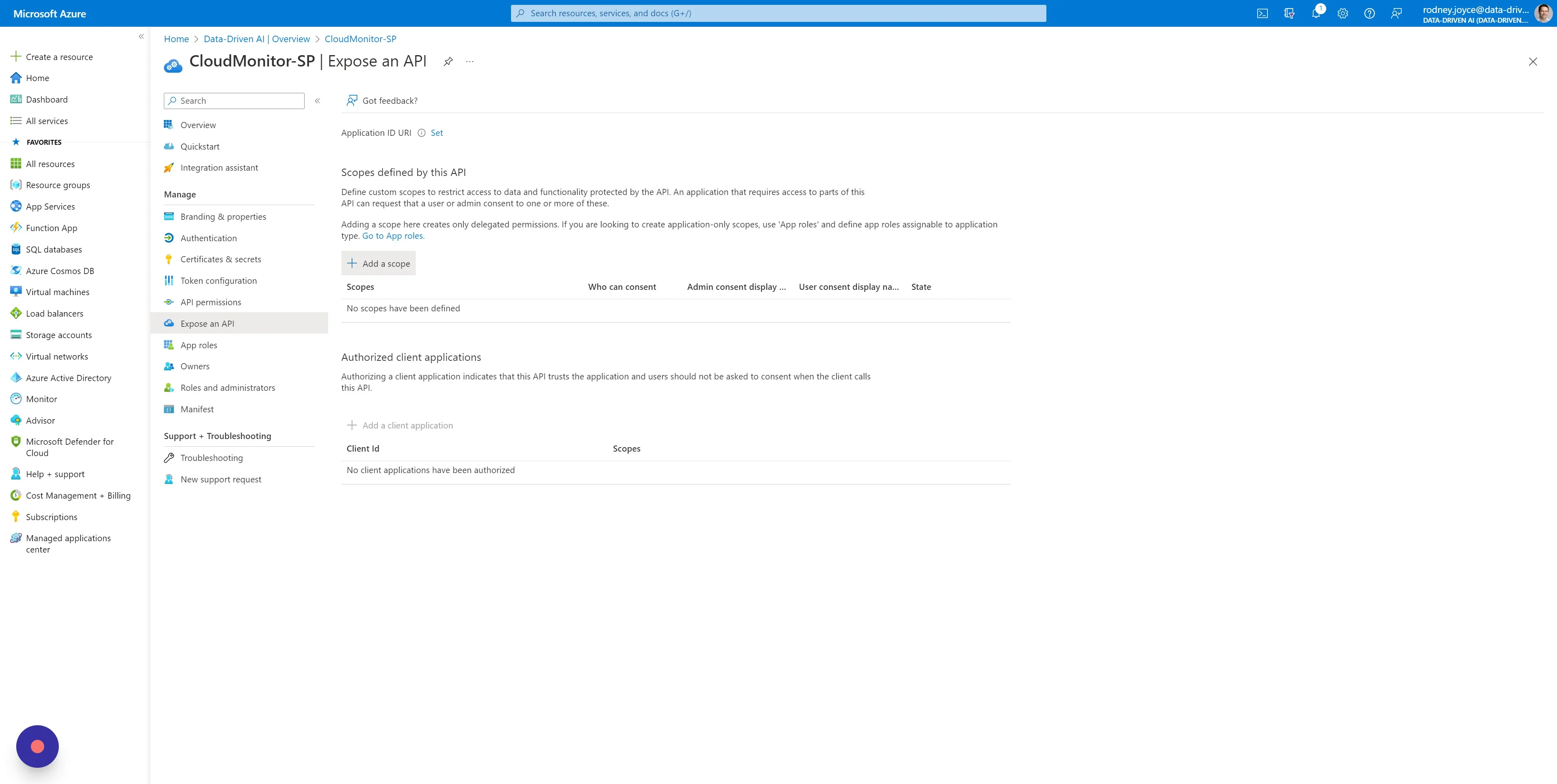 Then choose "Expose an API" in the left menu and click on "Add a scope"