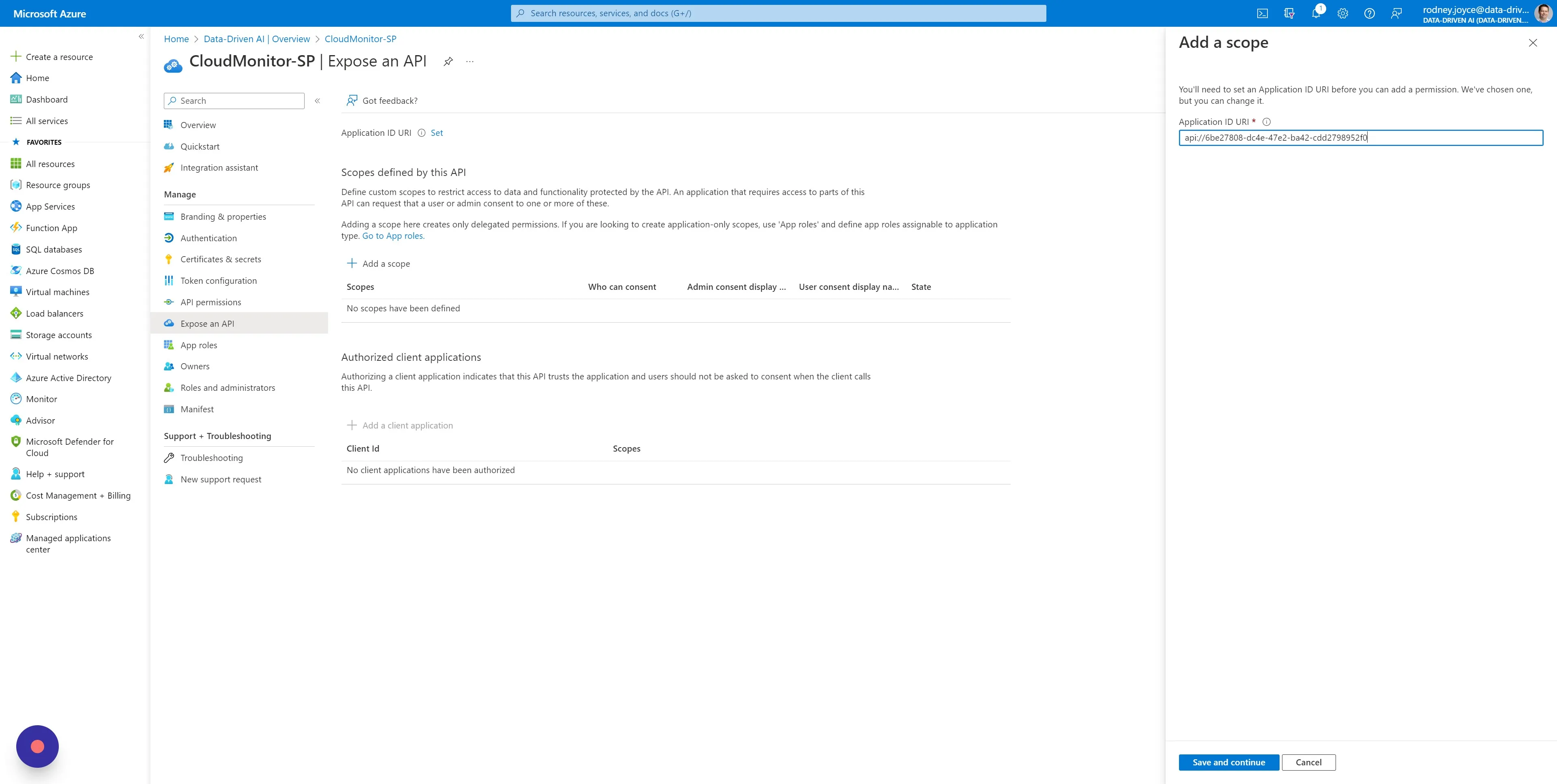 Add the word "/appRoles" to the end of the Application ID URI (Do not change anything else) and click on "Save and continue"