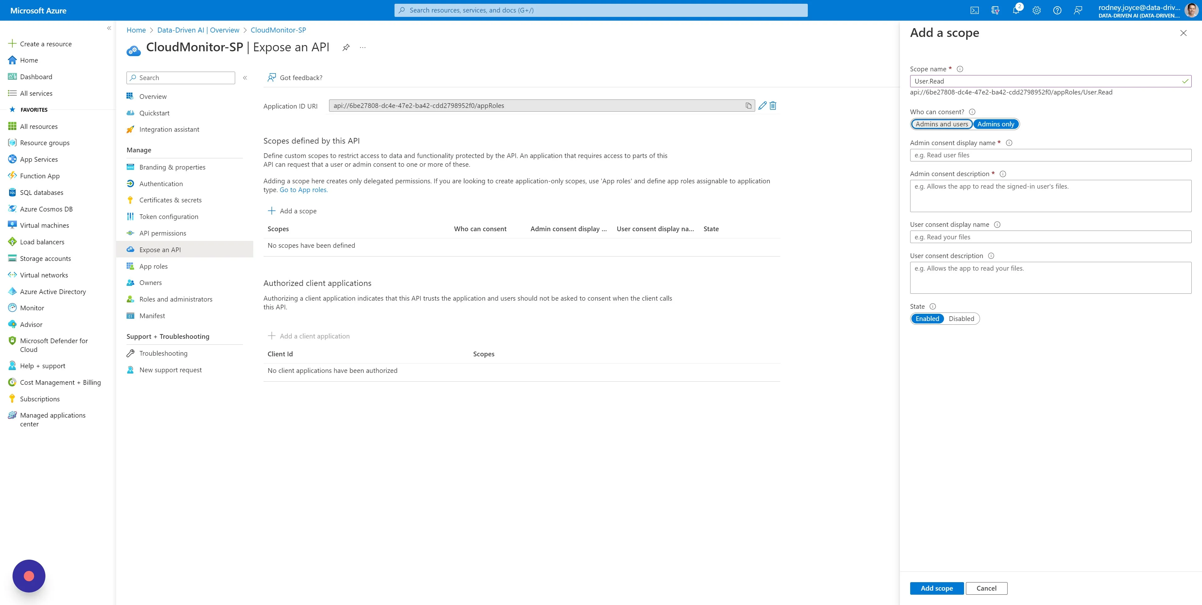 Enter "User.Read" in the "Scope name" field and select "Admins and users"