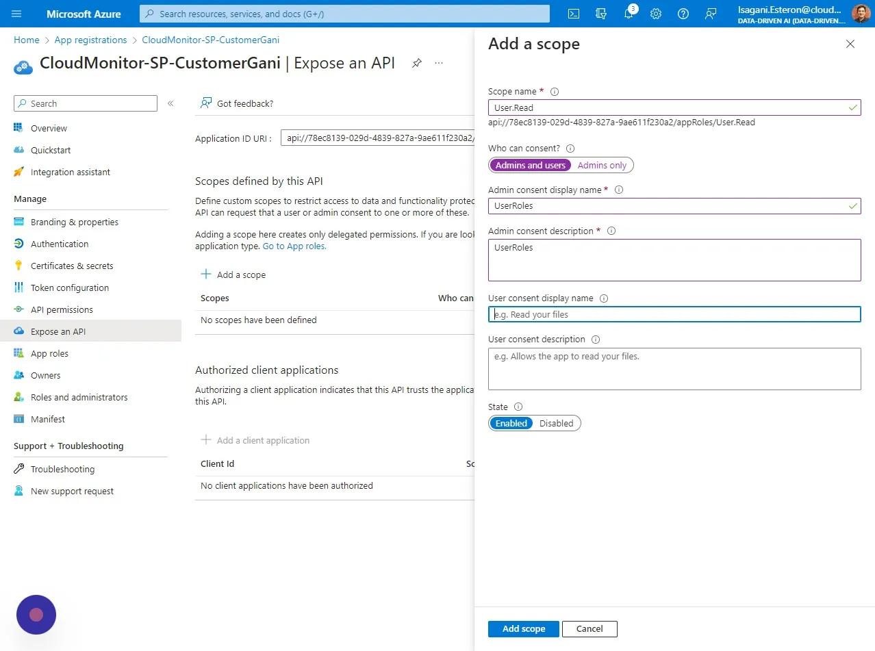 Click the "Admin consent display name" field and enter "UserRoles"