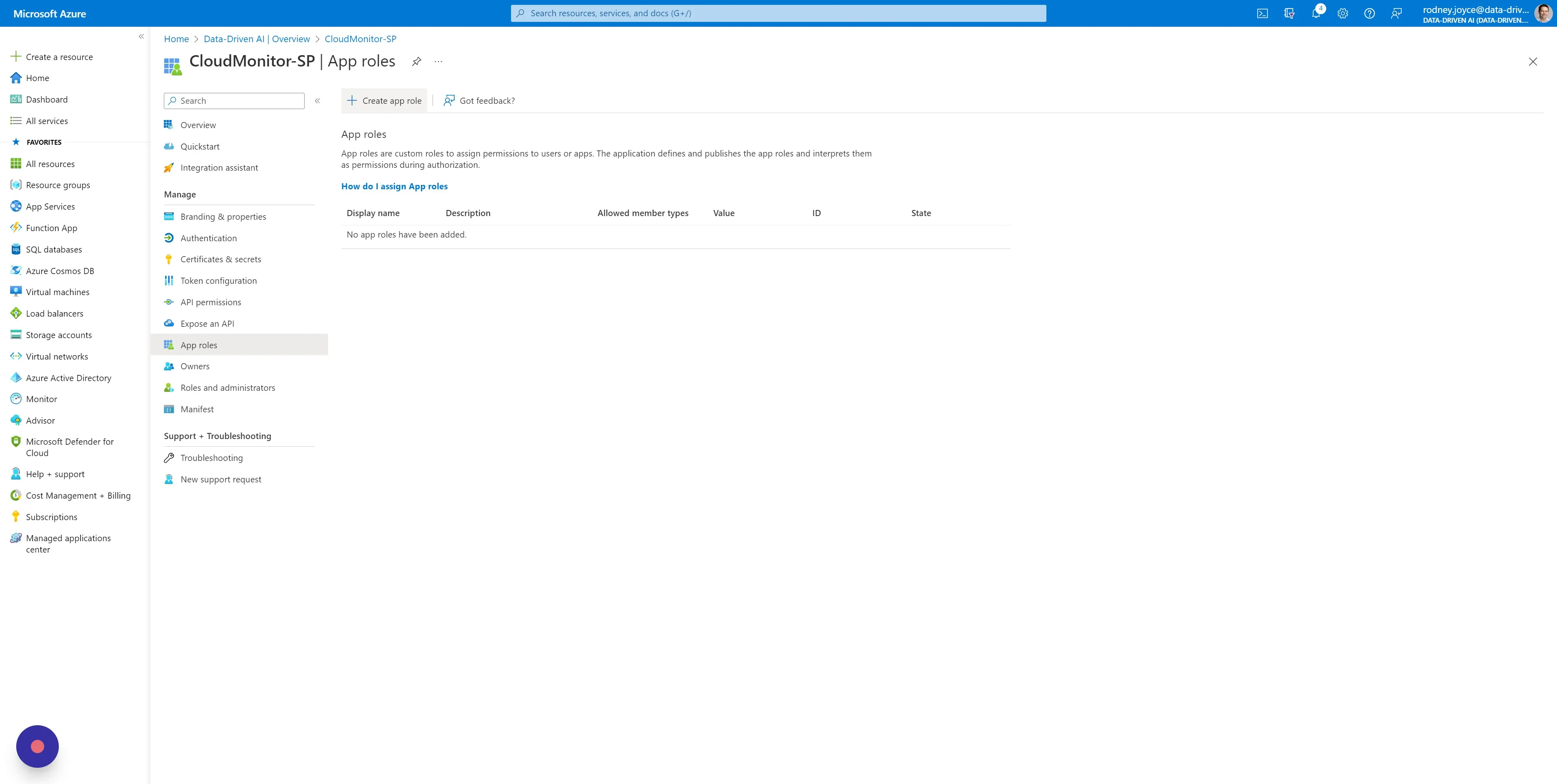 Select "App roles" in the left menu. and click on "Create app role"