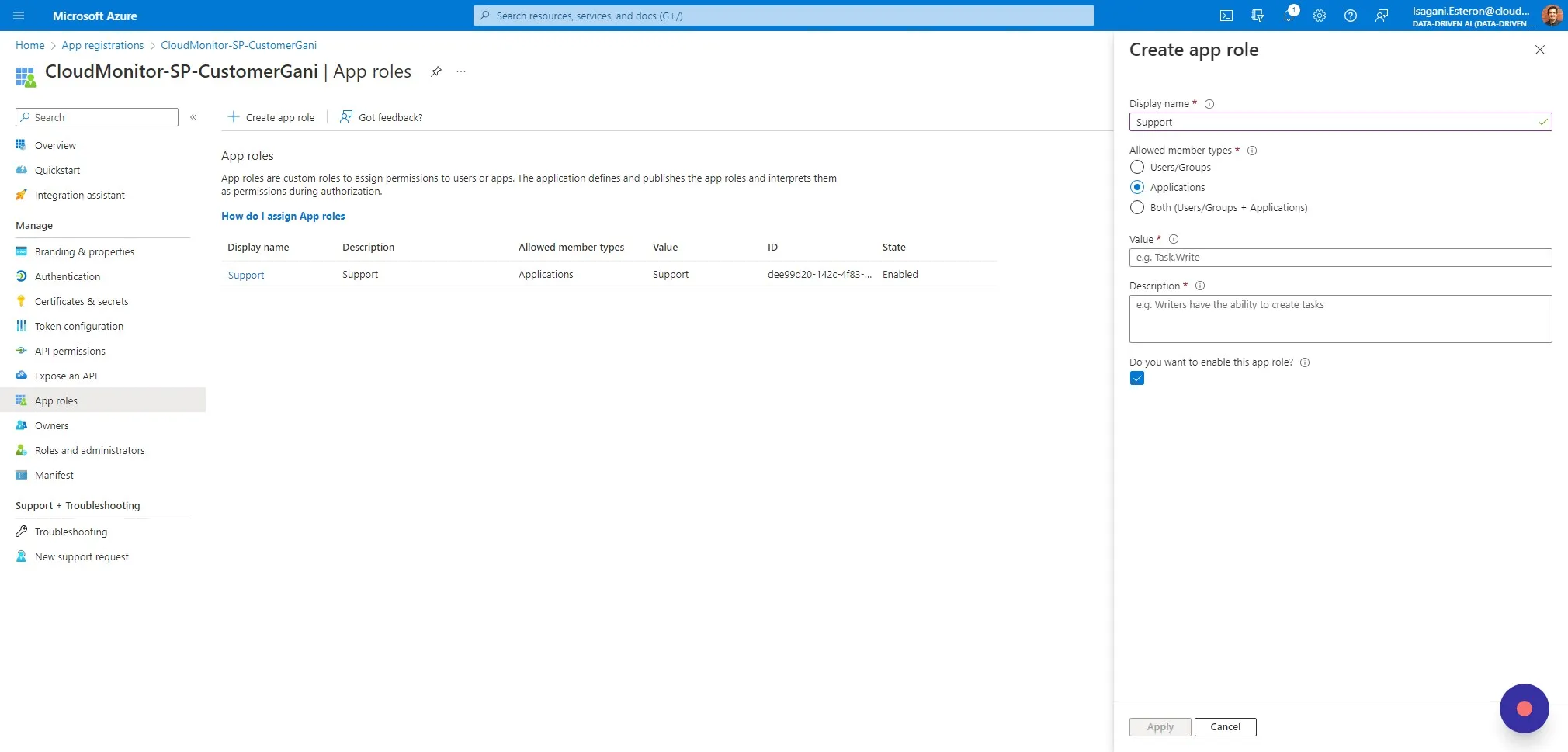 Enter "Support" as the name and choose "Applications"