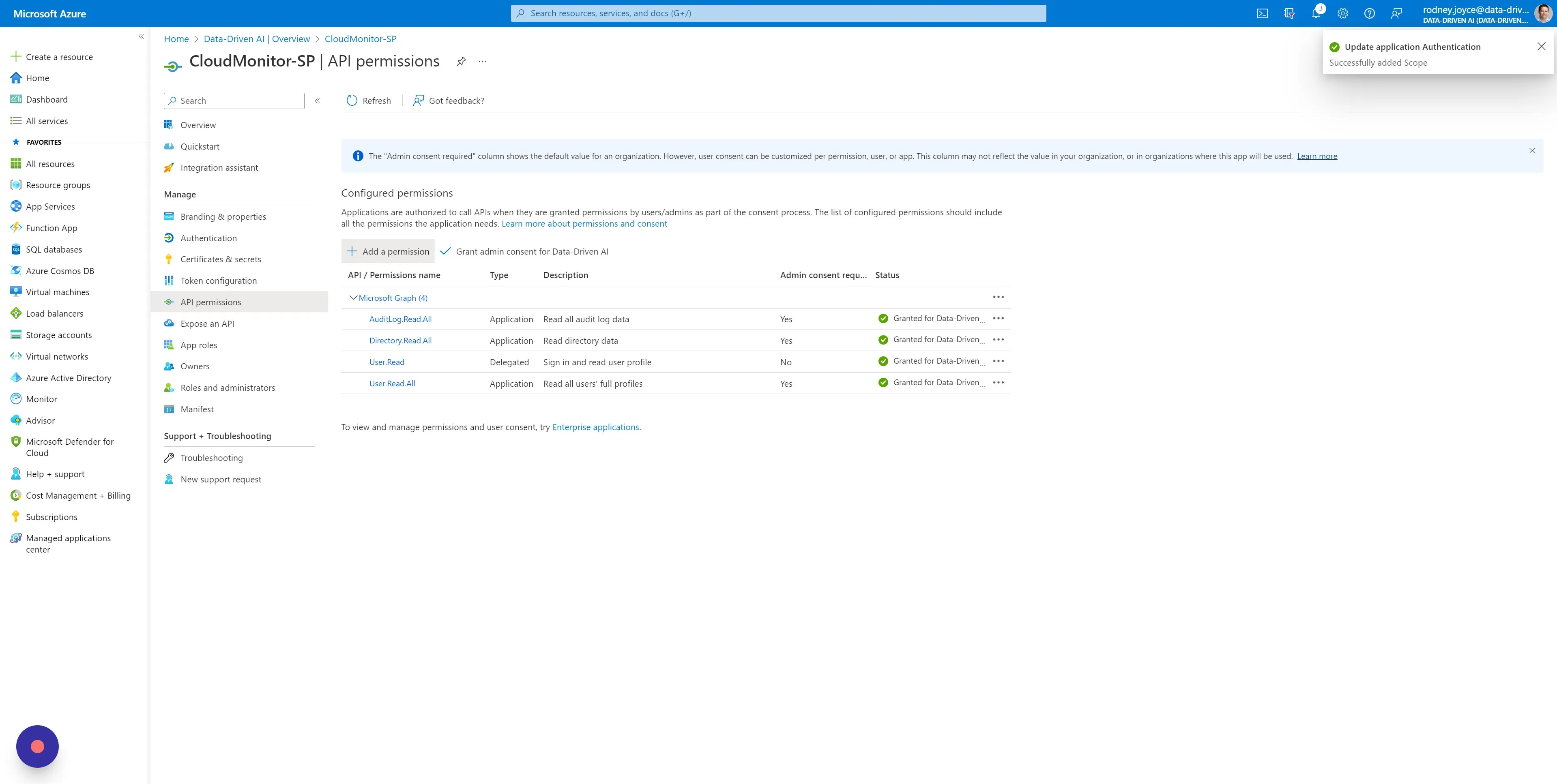 Select "API permissions" in the left menu and click on "Add a permission"