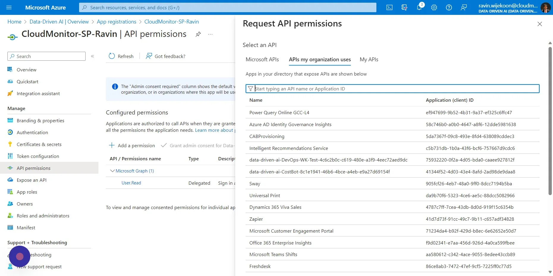 Search the "API name or Application ID" field and select your Service Principal