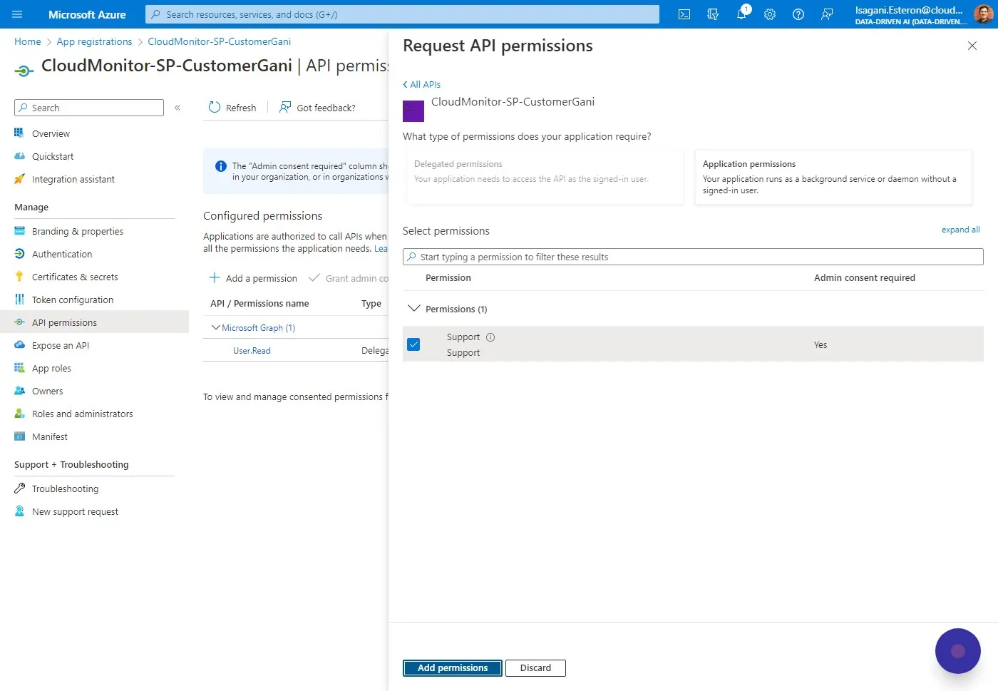 and check the "Support" permission and Click "Add permissions"