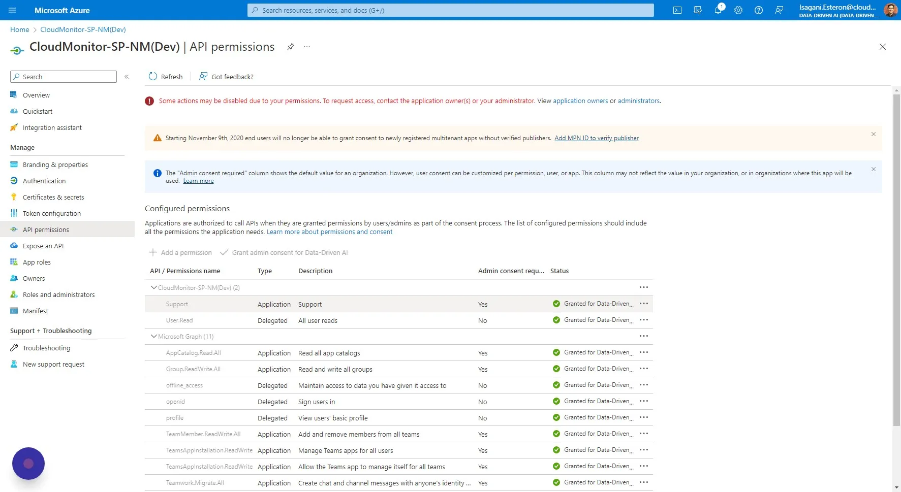 After doing the steps in adding the support application permission and has been granted by your administrator, it should look like this