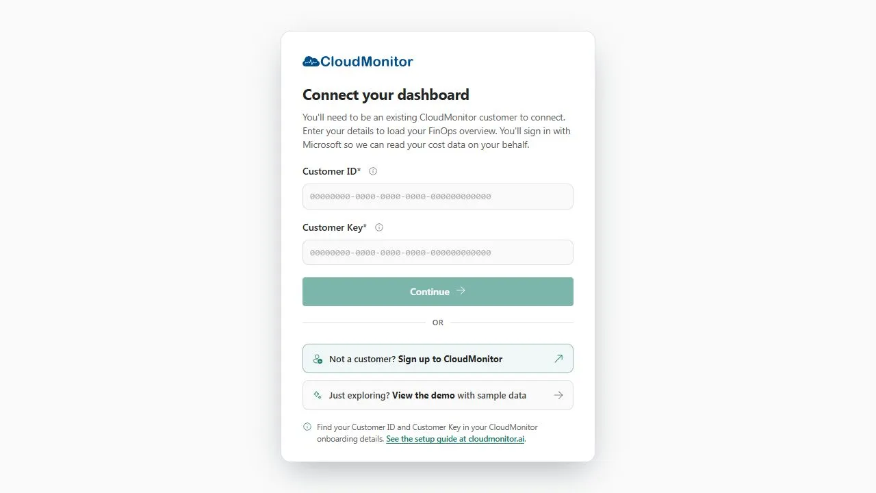 CloudMonitor Fabric Workload startup screen in light mode, prompting for Customer ID and Customer Key